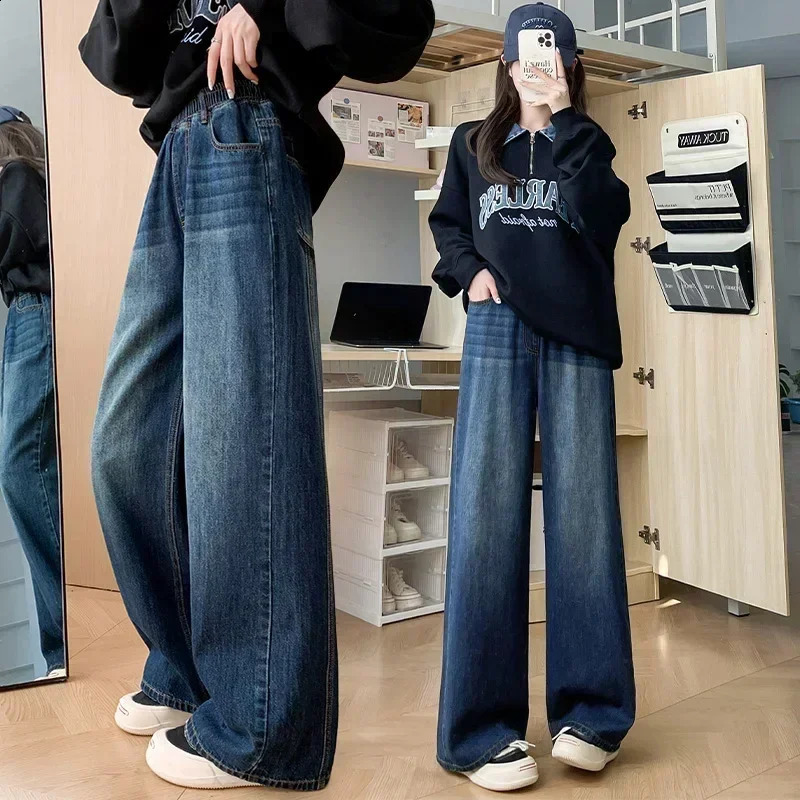 Retro Fashion Autumn Womens High Waist Jeans Loose Wide Legs Straight Denim Shorts Y2K Bagged Pants 250317