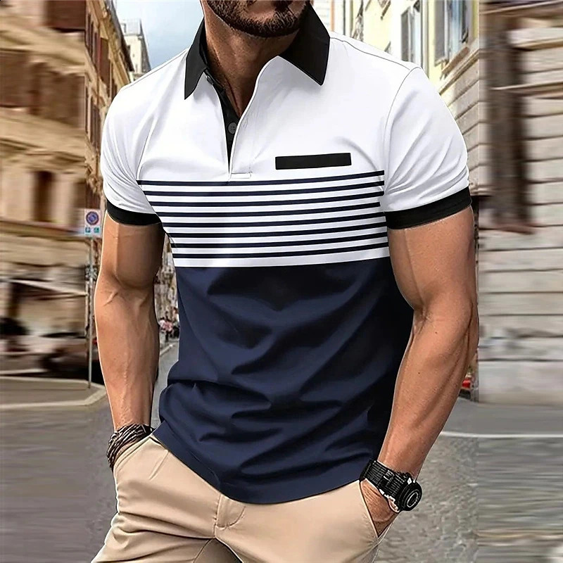 Business Mens Polo T Shirt Summer Short Sleeve Clothing Fashion Stripe Print Street Casual Buttons Tops Oversized Pullover 250319