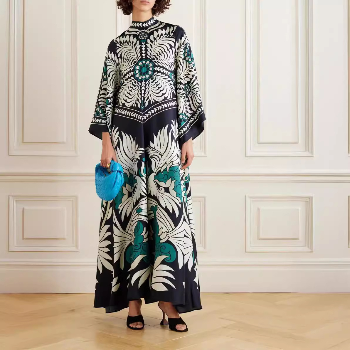 New summer printed seven quarter sleeve stand up collar dress