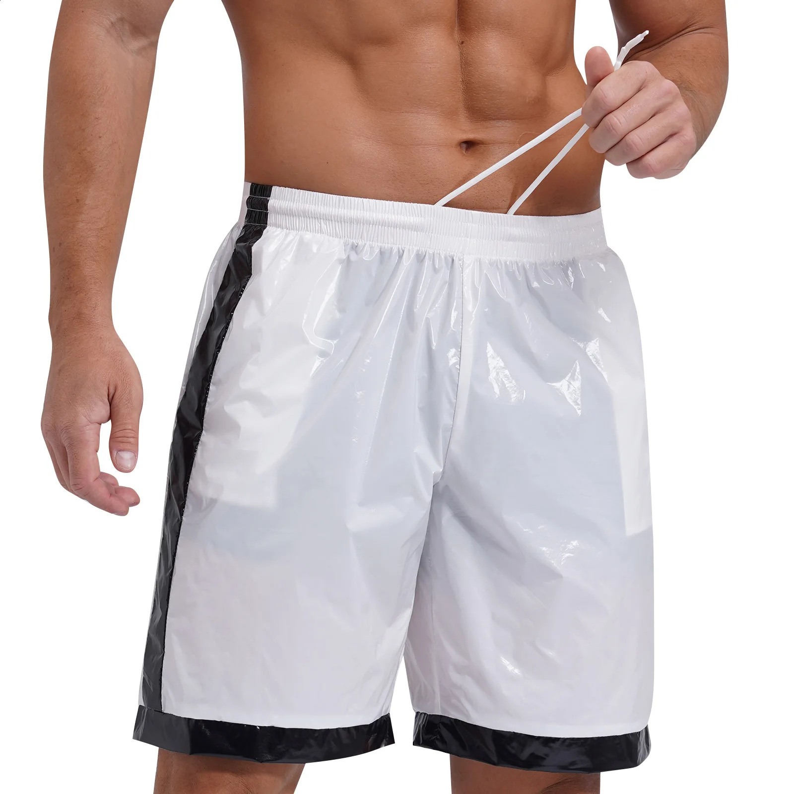 Mens Wet Look Boxer Shorts Drawstring Elastic Waist Pockets Waterproof Beach Shorts Swimming Trunks Loose Fit Short Pants Club 250317