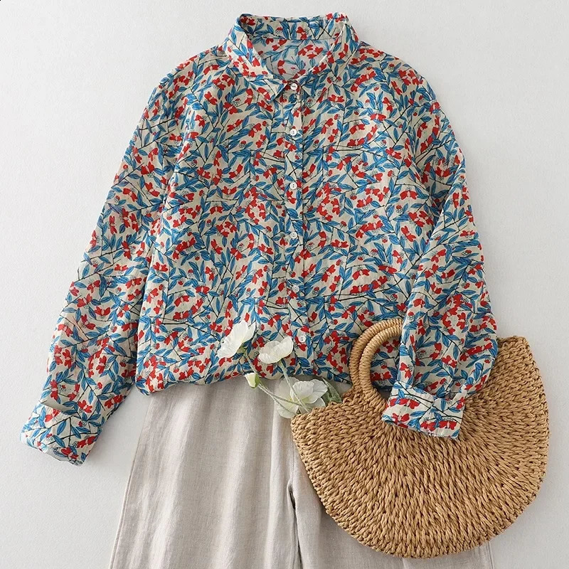 Blue Leaf Fragment Cotton Linen Shirt Womens 2024 Autumn Style French Artistic Polo Collar Long Sleeve Printing Cardigan To 250319