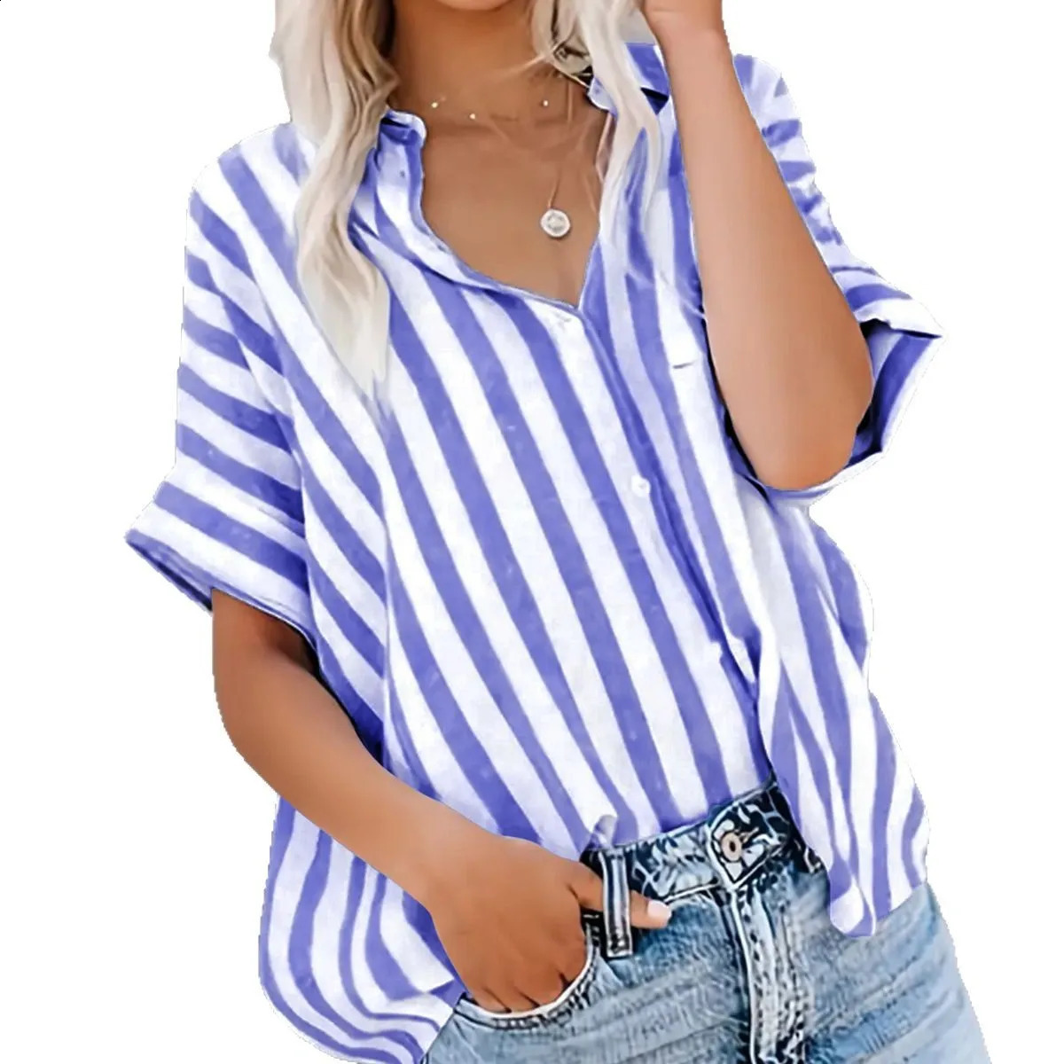 2025 Spring Summer Ladies Blouses Daily Casual Long-Sleeved Shirt Street Fashion V-Neck Shirt Striped Printed Womens Shirt 250318