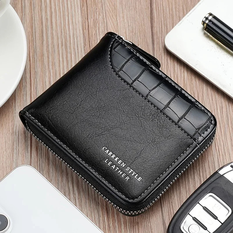 Leather mens wallet mens wallet mens zipper card holder with coin pocket Rfid wallet mens money bag gift 250318