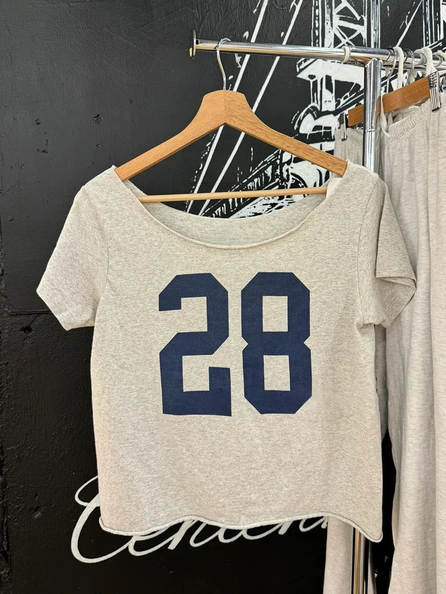 Women 28 Graphic Print Raw Hem Crop Top Summer Slash Neck Short Sleeve Cotton Cropped Tees American Vintage Streetwear T-shirts 250319