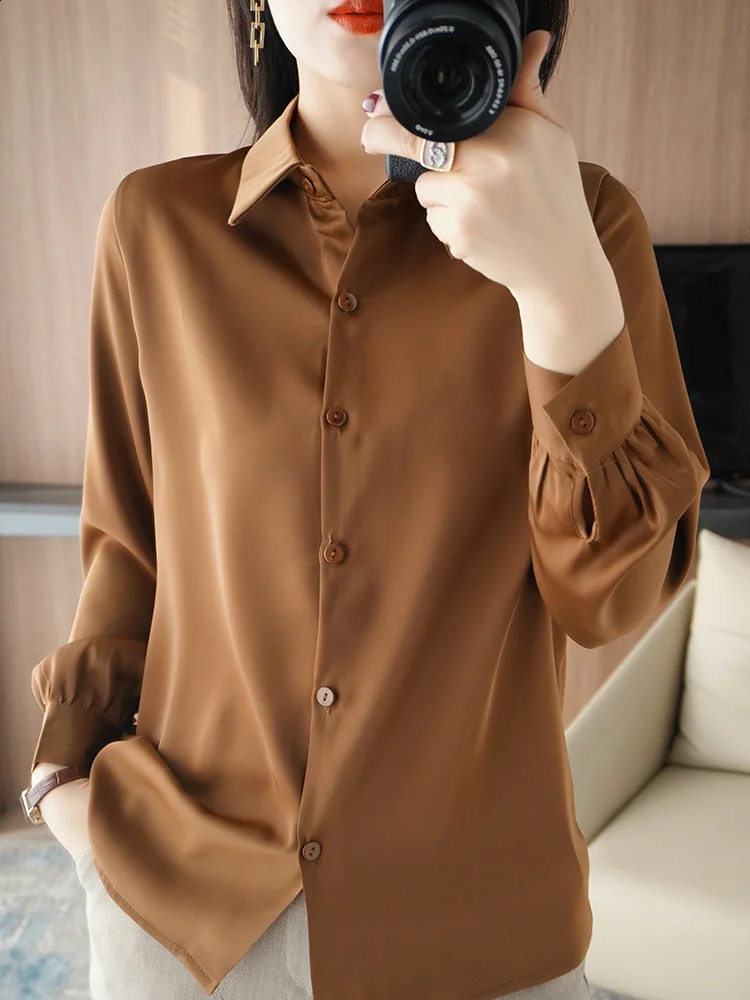 Womens long sleeved satin polo neck shirt for spring and summer 2024 warm loose solid cardigan 250319