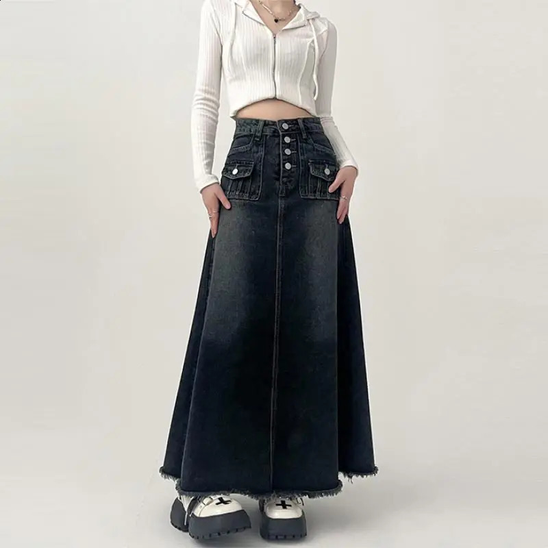 High-waisted Cargo Denim Skirt Womens Autumn Long A-line Mid-length Skirt Retro Raw Edge Y2k Female Clothing Korean Style 250319