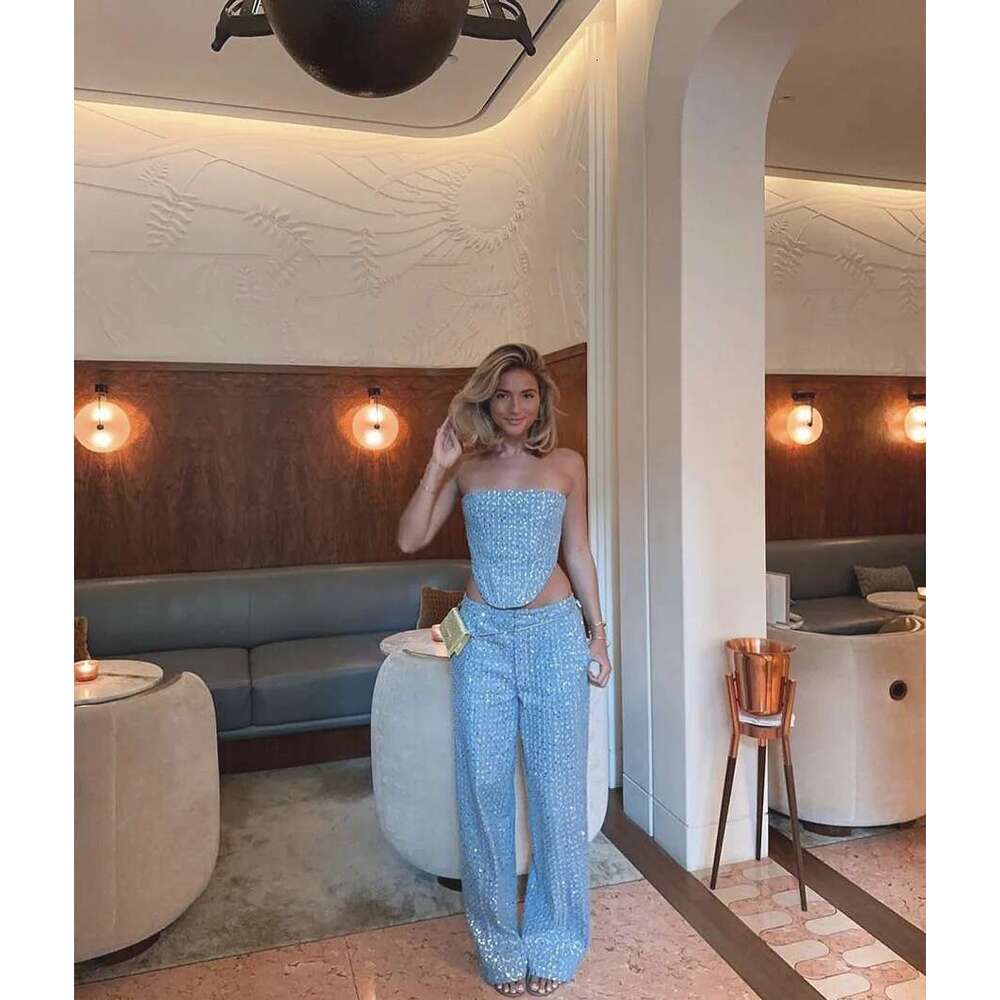 hoodie Tight Dress Fashion Sequins Denim Set Women Strapless Tunic Waist Crop Top And Wide Leg Pant Suit New 2 Piece Sets Outfits Tracksuit jacket
