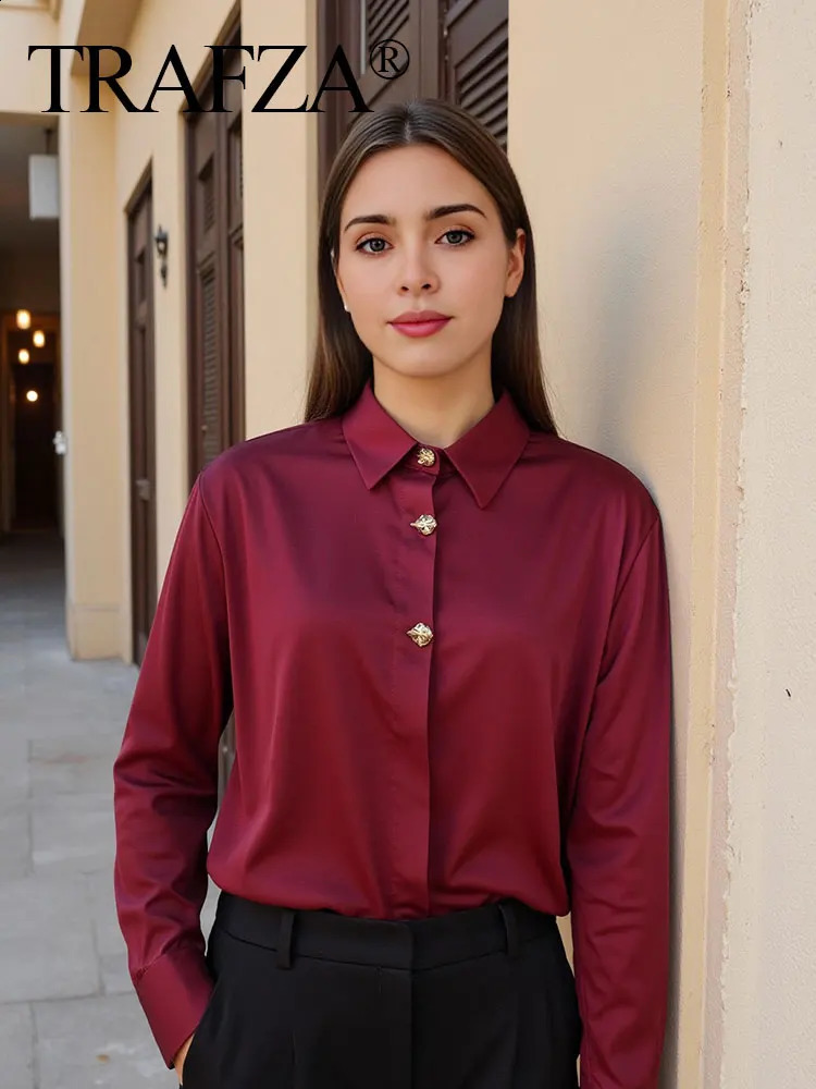 TRAFZA Womens 2025 Spring Elegant Silk Satin Wine Red Shirt Long Sleeve Solid Collar Metal Chest Office Fashion 250319