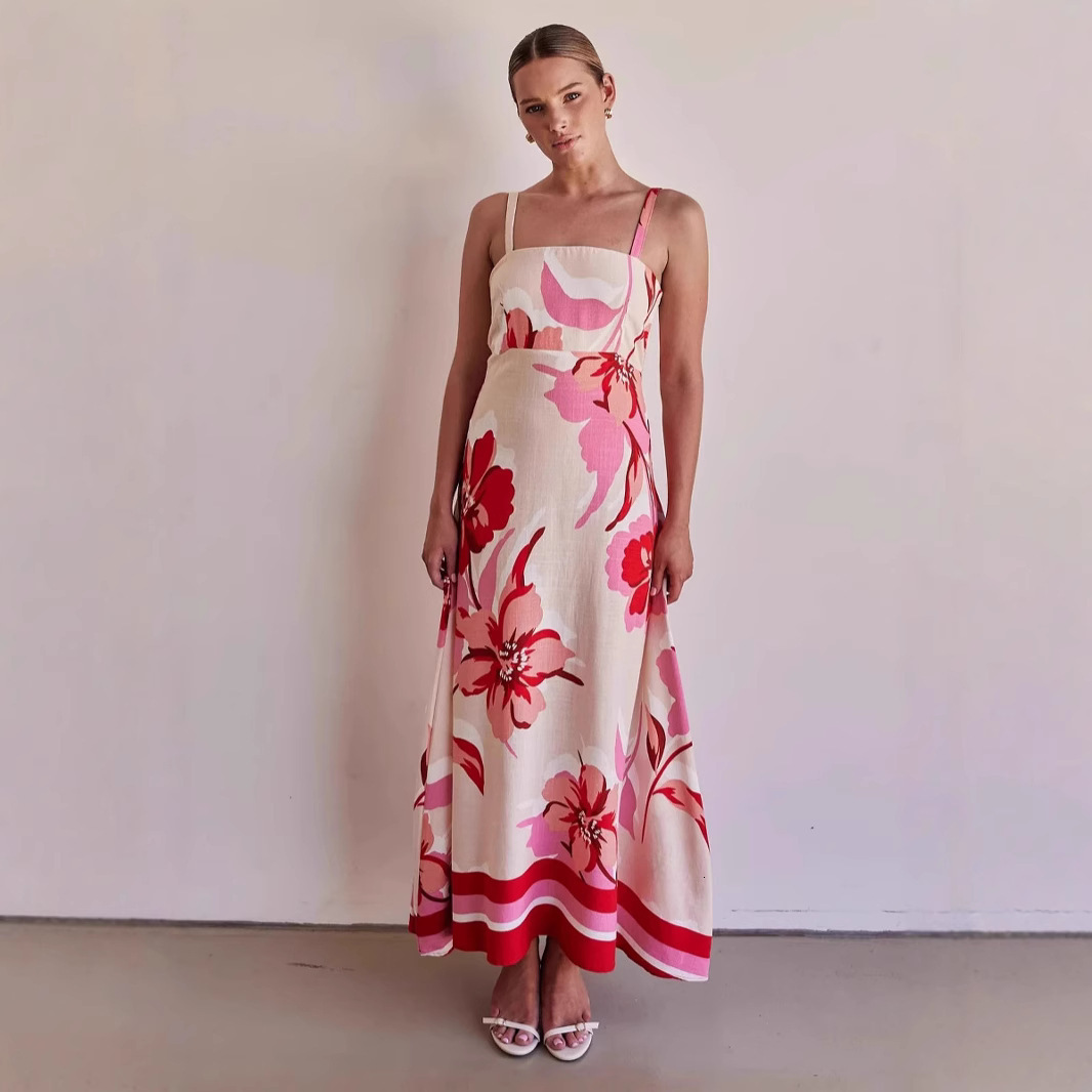 25 Year New Women's Long Skirt Vacation Style Slimming Flower Printed Strap Dress -68531