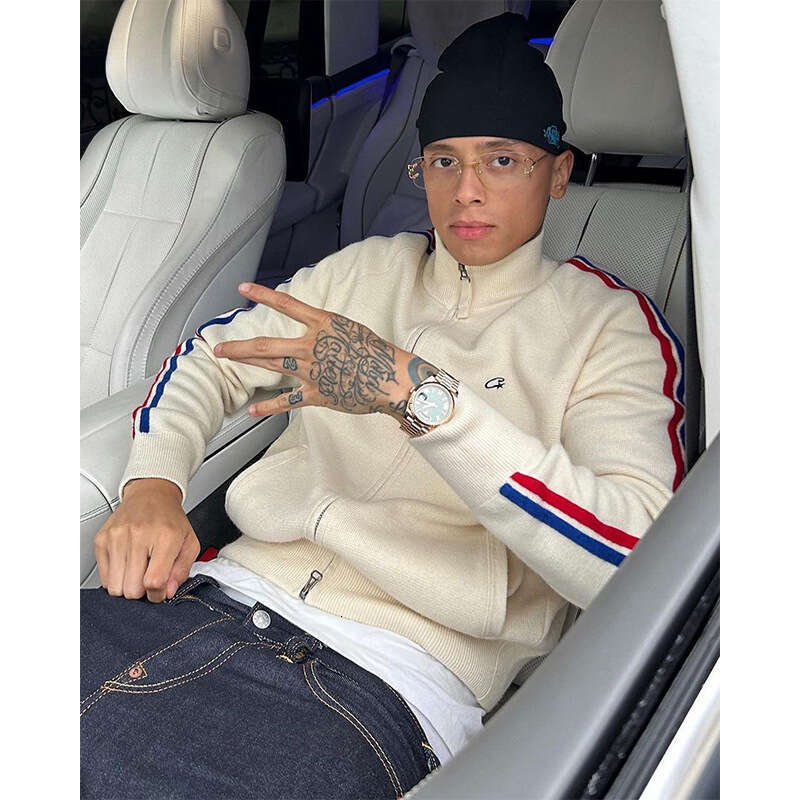 DRILL style American street hip-hop embroidered letter stand up collar zipper cardigan knit sweater men's trendy brand jacket