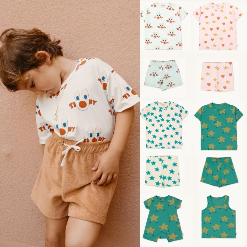 Childrens Short-sleeved Suit 2025 Summer Printing Fashion Boys Tops Cotton Cute Girls t-shirt Shorts Childrens Clothing 250319