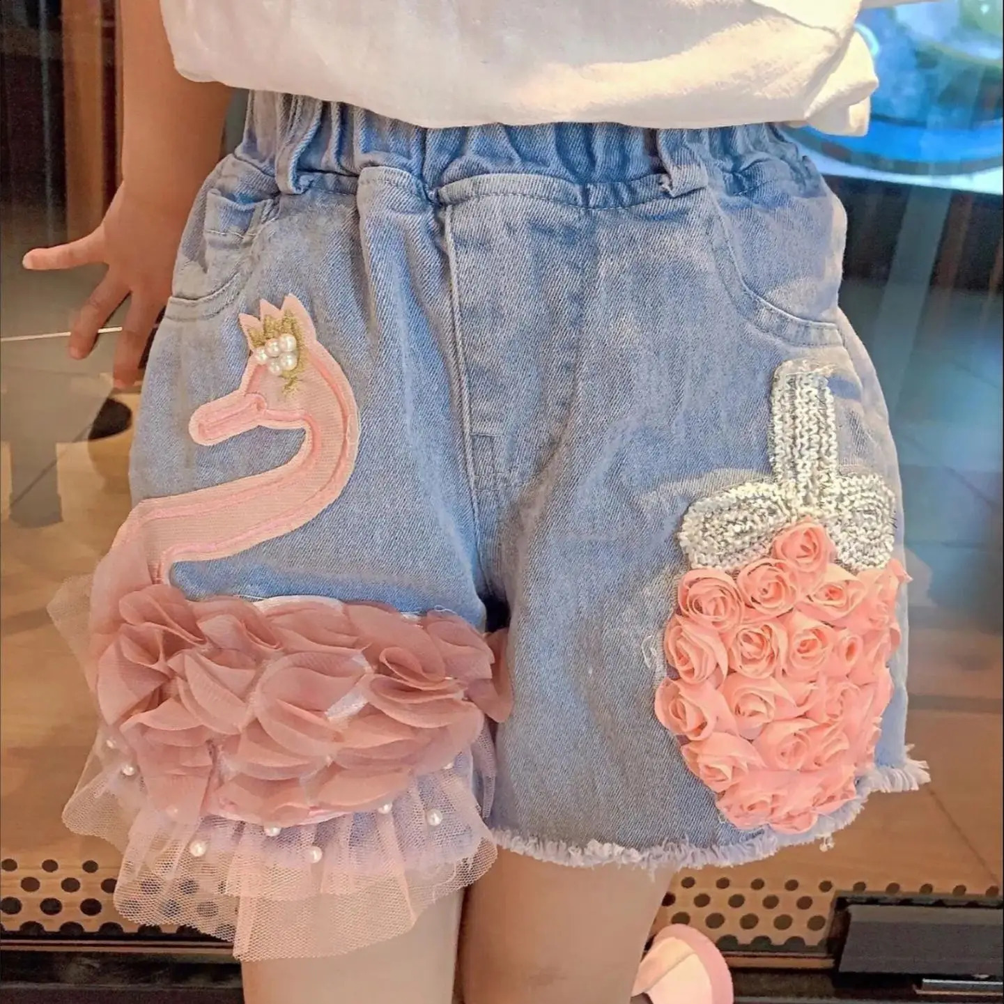 Baby Girls Summer Cotton Denim Shorts Pants Toddler Kids Cute Swan Flower Soft Jeans for Teenager Girls Children Clothing 250319