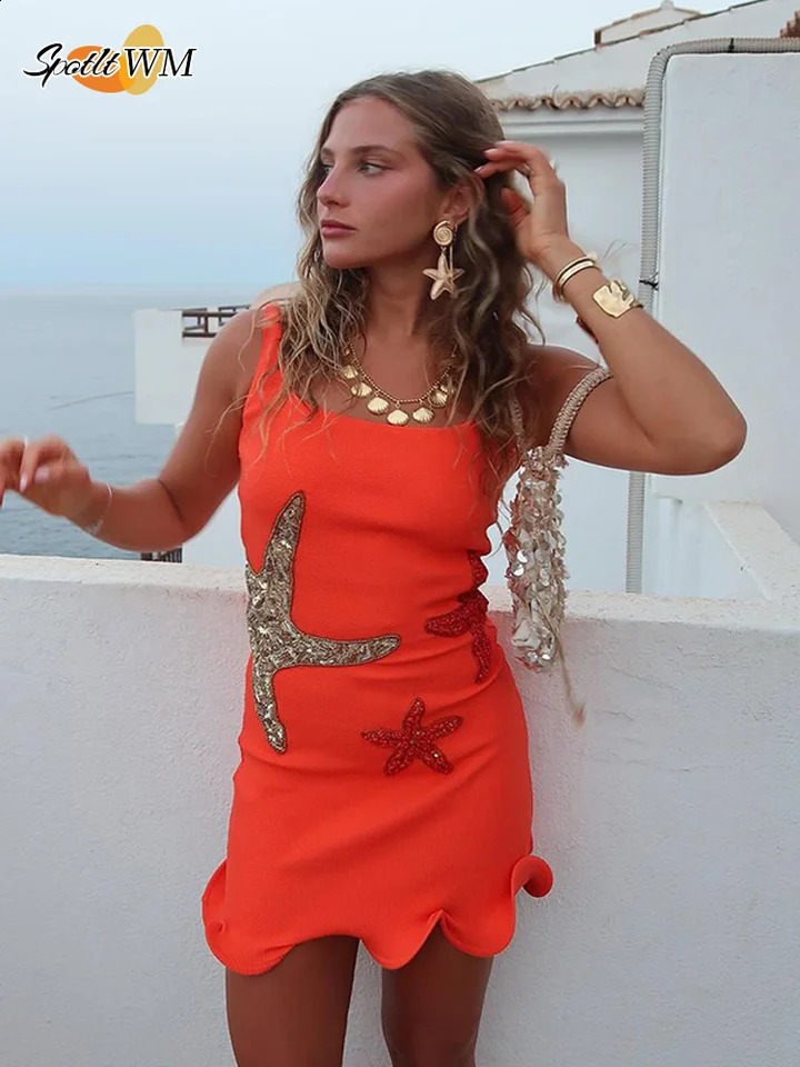 Fashionable shiny starfish print pleated hem mini dress fashionable Bodycon sleeveless backless short vest summer womens beach 250319