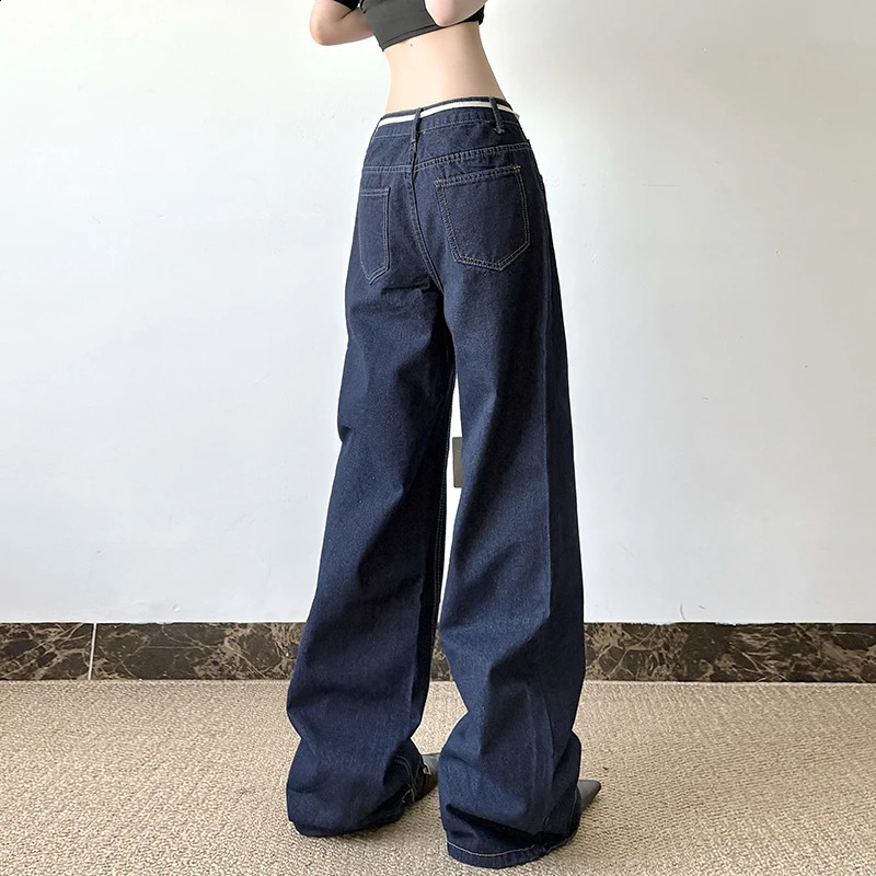 HEYounMIRL Fashion Waist Rope Basic Korean Bag Jeans Deep Blue Loose Suitable for Wide Leg Pants Harajuku Retro Cowboy Street 250317