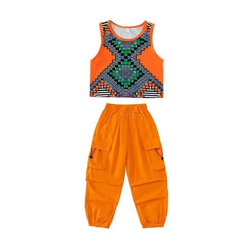 Childrens Kpop hip-hop clothing geometric print crop vest orange casual jogging cargo pants girls jazz dance clothingT250318