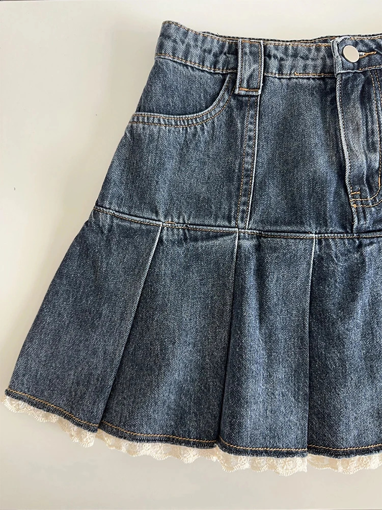 American retro Kawaii denim mini skiing womens sexy Gyaru lace patch work high waisted pleated jeans Y2k shorts for summer 250317