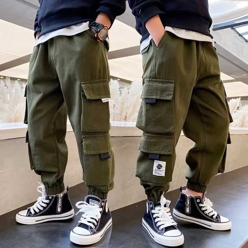 Childrens casual sports pants boys cargo pants teenagers hip-hop jogging pants Trousers Big Children High Waist retro street bag pantsT250318