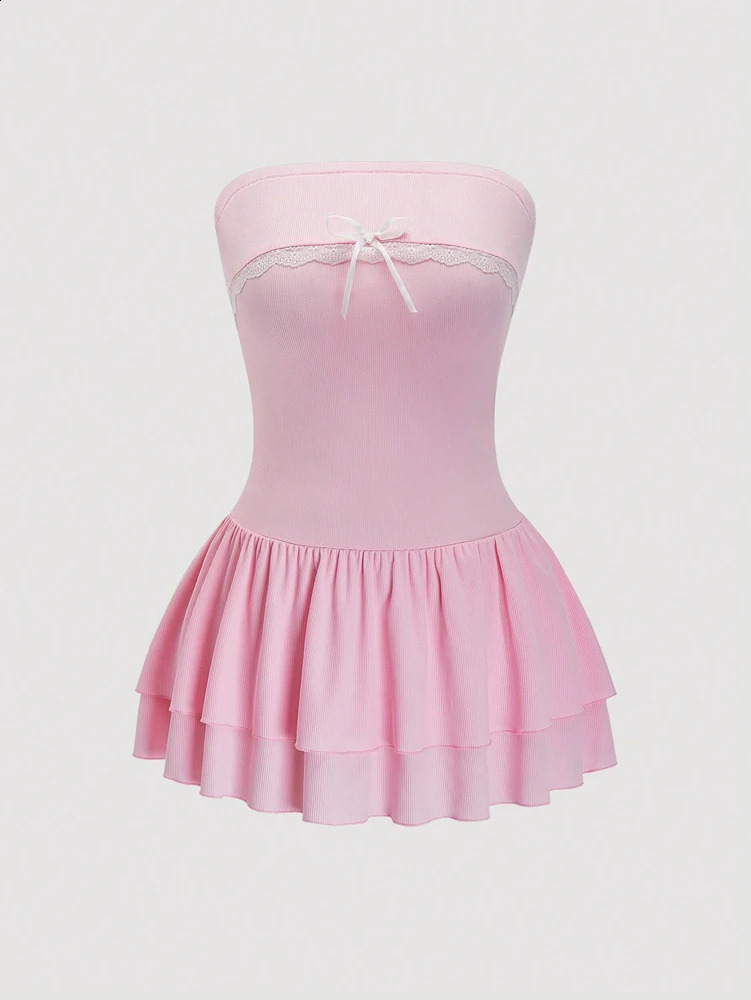 Size comparison lace ruffled hem tube dress Y2K Clubwear Day mini skirt womens set 250319