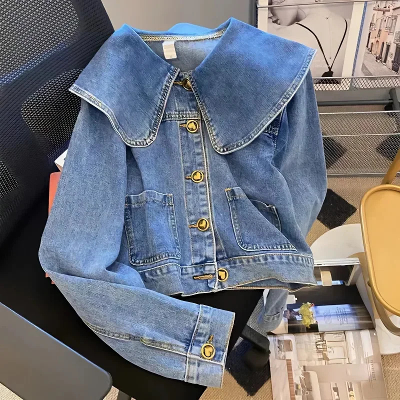 Doll Collar Denim Jacket Female Spring Autumn Vintage Lotus Leaf Collar Loose Cowgirl Jackets Tops Single-Breasted Coat 250317
