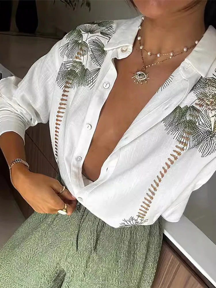 Casual Printed Women 2 Pcs Sets Ins Loose Turn-down Collar White Srhirts Fashion Pant Suit Female Clothes Spring Autumn Pant Set 250319