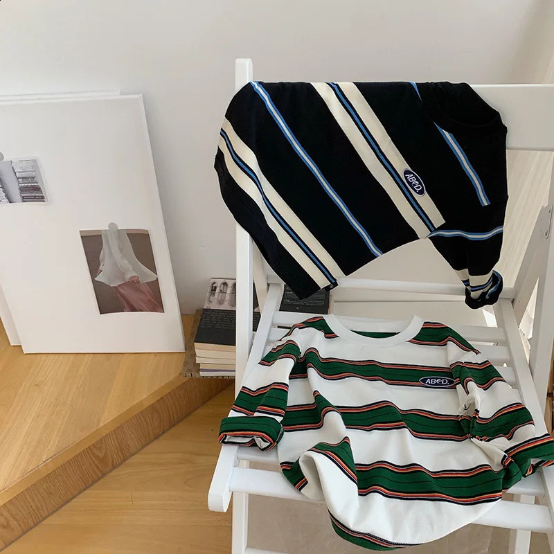 2025 Spring Autumn Kids Boys T-shirts Cotton Striped Loose Sticker Casual Long Sleeve Baby Girls Shirts Toddler Boys Tops 250319