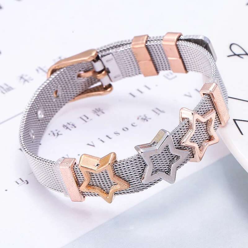 Jewelry Rose Gold Color Mesh Keeper Bracelets With Crystal Star Slide Charms Bracelets for Women Corple Gift