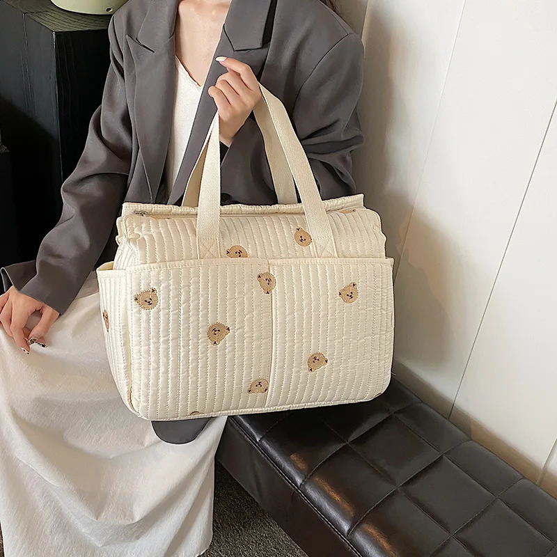 Korean Style Diaper Bag Large Capacity Portable Baby Stroller Bag Organizer Embroidery Bear Olive Mommy Maternity Bag 250319