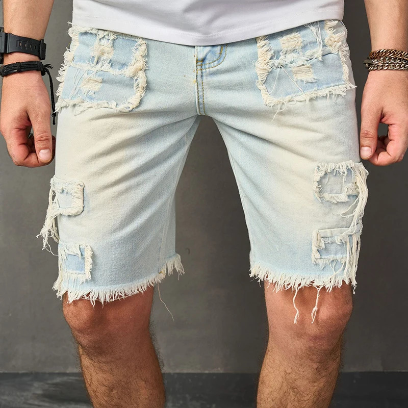 Y2K style open top n mens denim shorts summer trend solid color slim fit jeans retro straight 250319