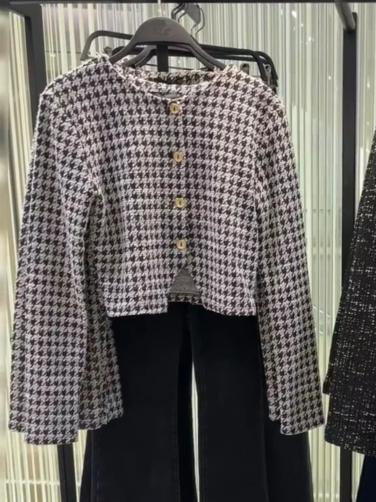 Womens Suit 2025 Houndstooth Long Sleeve Crew Neck Top Balloon Fit Mini Skirt Womens Retro Fashion Set 250318