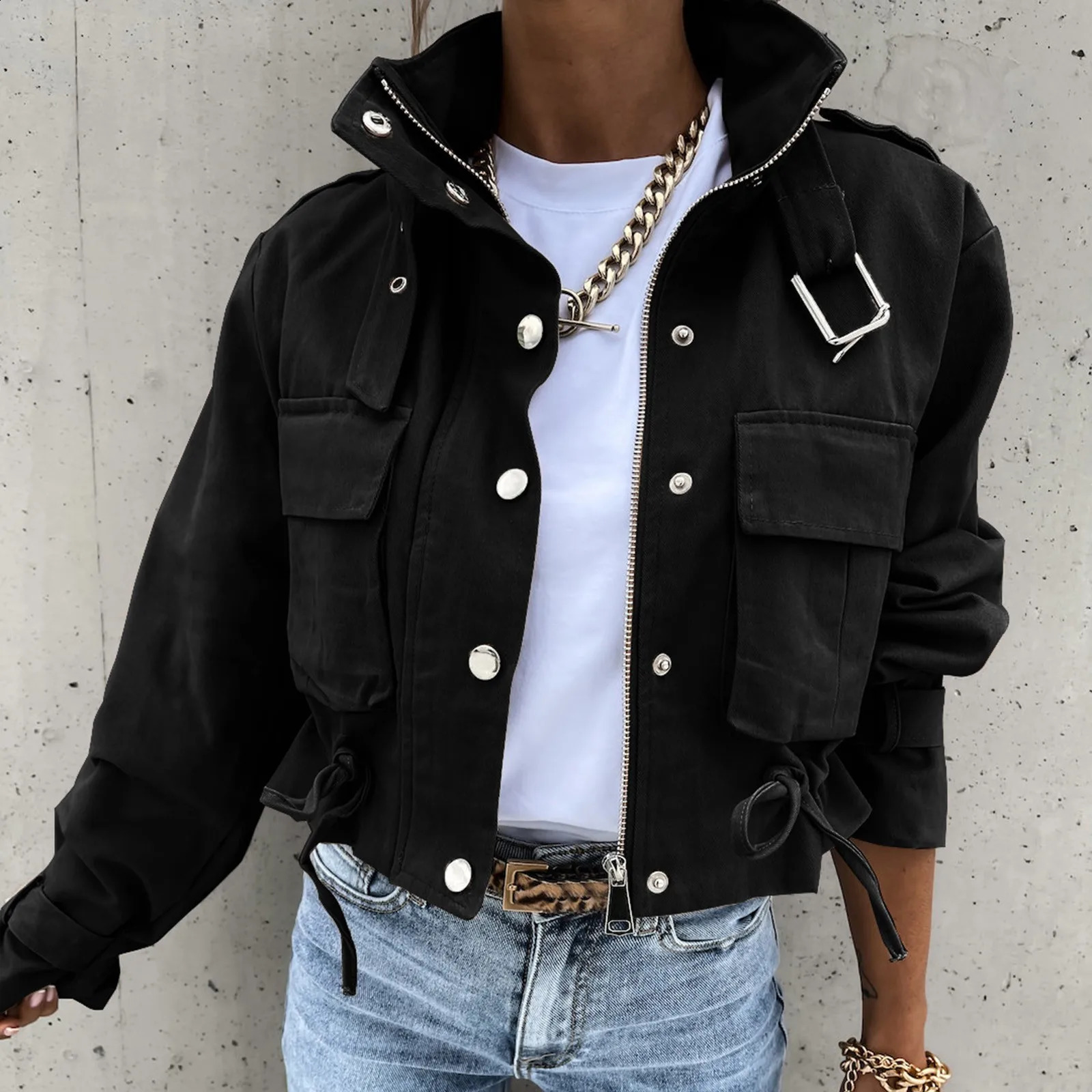 Outerwears Jackets Woman Women Casual Solid Button Long Sleeve Jacket Breasted Vest Pocket Loose Womens Leather 250317