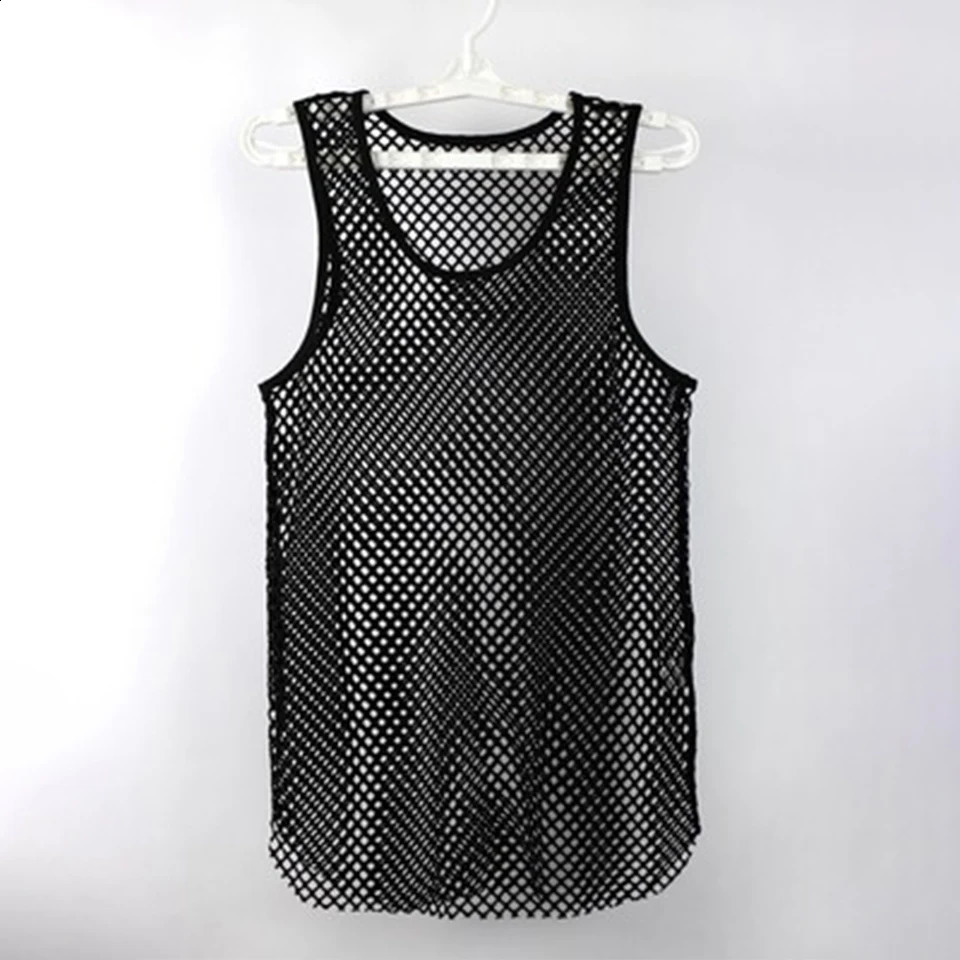 Mens Sexy Tank Top Transparent Mesh Undershirt Fishnet Vest String Sleeveless Shirts Male See Through Night Clubwear Slim Sport 250319