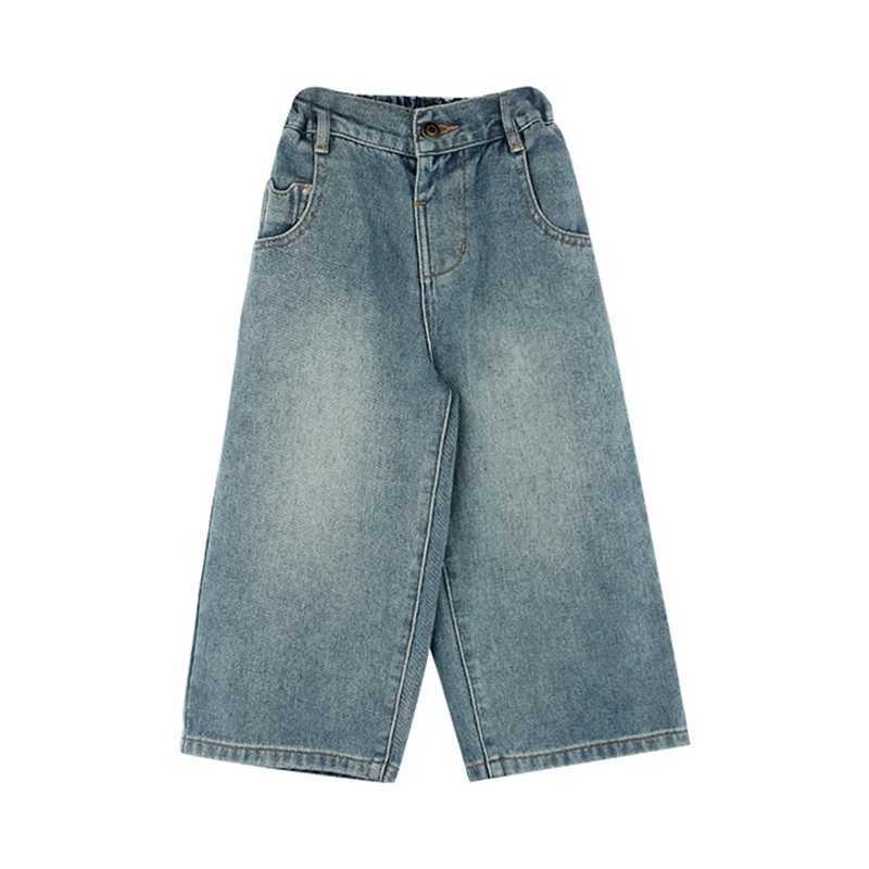 Summer and autumn childrens girls pants high-quality denim fabric girls loose straight jeans 3-8T casual pants wide leg pantsT250318