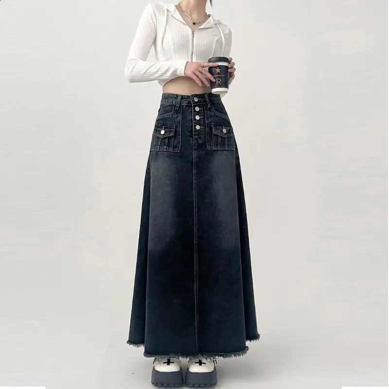 High-waisted Cargo Denim Skirt Womens Autumn Long A-line Mid-length Skirt Retro Raw Edge Y2k Female Clothing Korean Style 250319