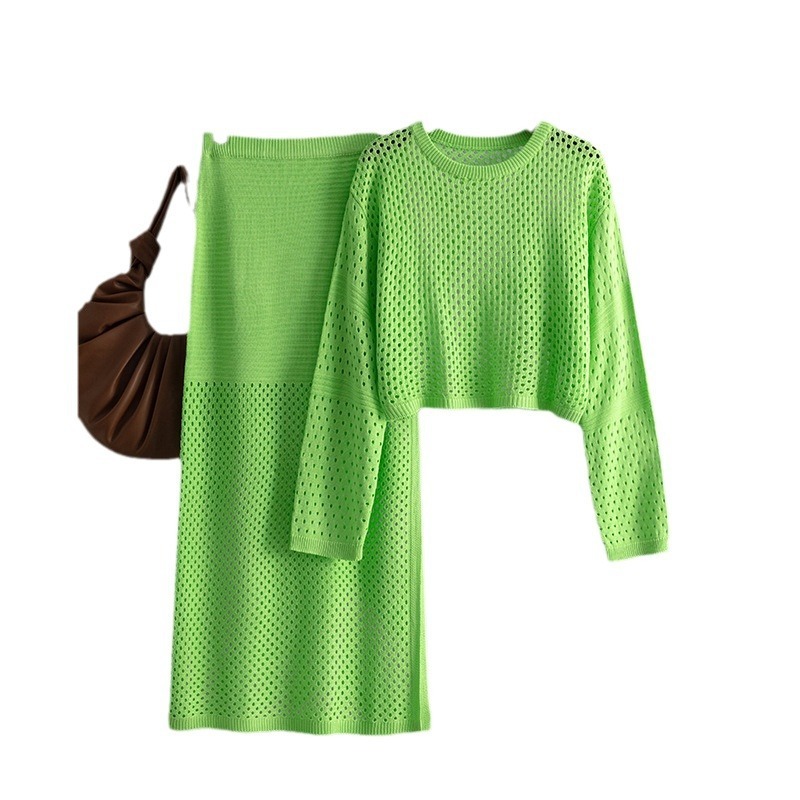 Women's 2024 new summer hollow knitted sweater long skirt fashion two-piece dress set