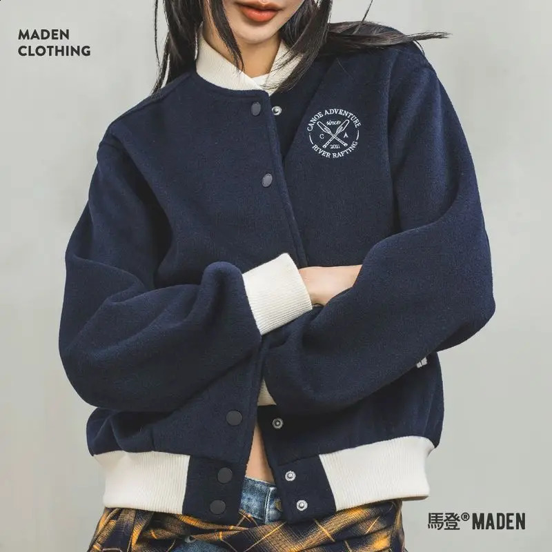 MADEN Womens Baseball Jacket Autumn Long Sleeve Loose Color Blocked ed Pre made Style 250317