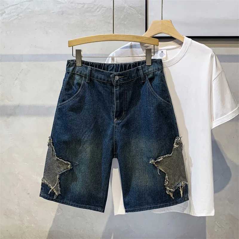 Star Shaped Men Denim Shorts Jeans Solid Color Pocket Shorts Fashionable Casual Short Jeans Harajuku High Street Mens Clothing W250319