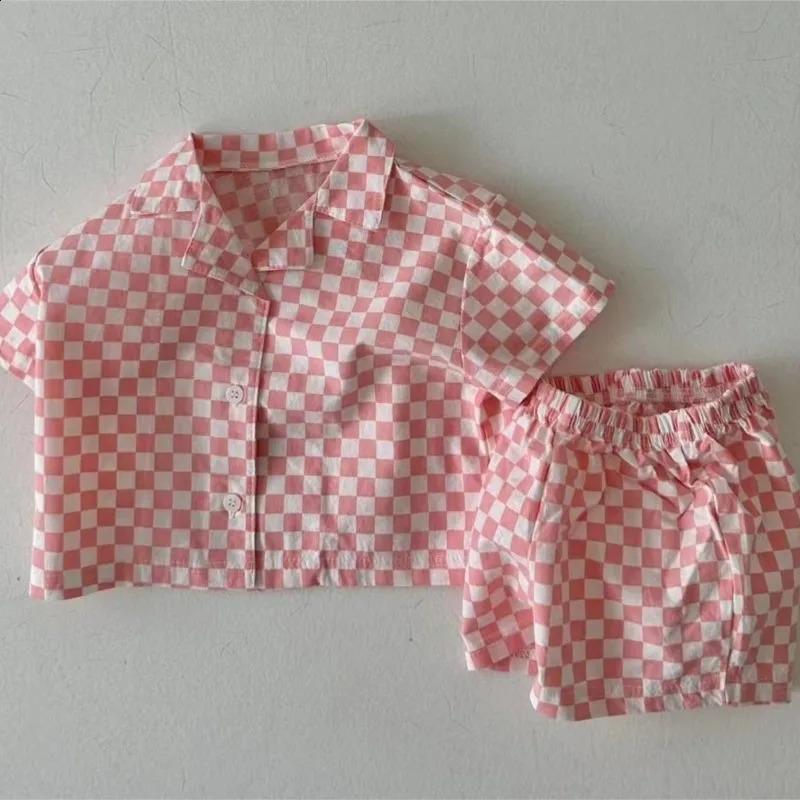 Summer Baby Girl Two-piece Clothes Set Muslin Checkboard Short Sleeve Infant Girl Top And Shorts Suit Sweet Thin Tee Shorts Sets 250319