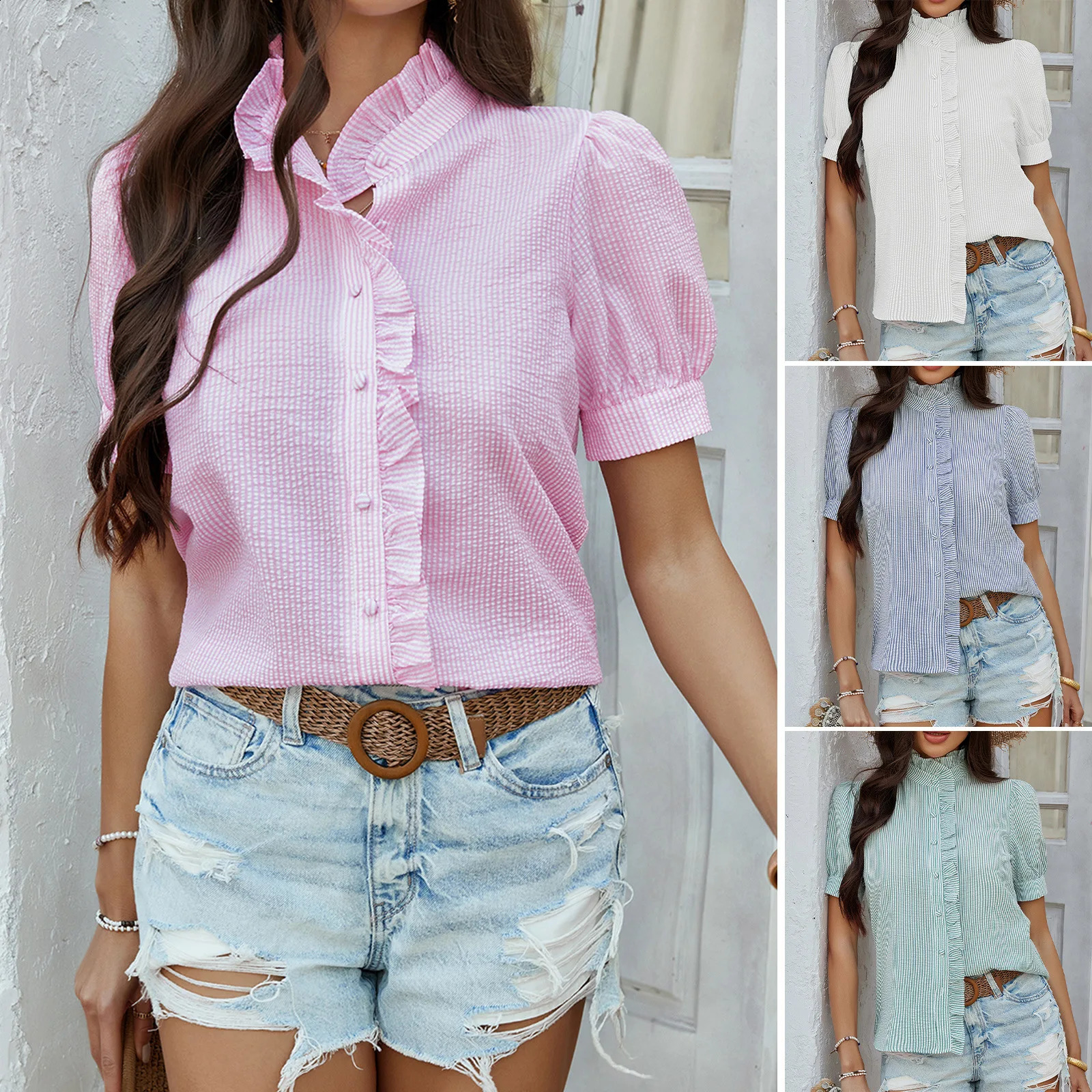 Summer Womens Shirt Stripe Printed Ruffle Decorative Collar Womens Casual Elegant Button Shirt for Women Blouses Ladies Tops 250318