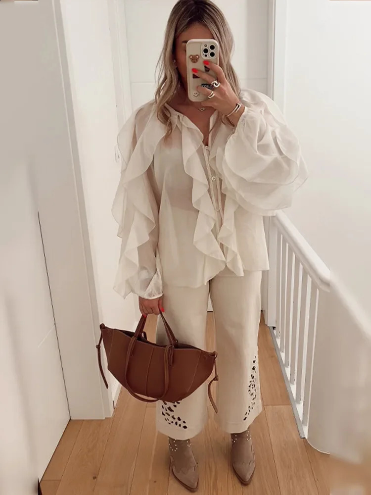 mesh pleated fringe patch work shirt womens fashionable pink V-neck lantern sleeve top summer loose high street outfit 250318