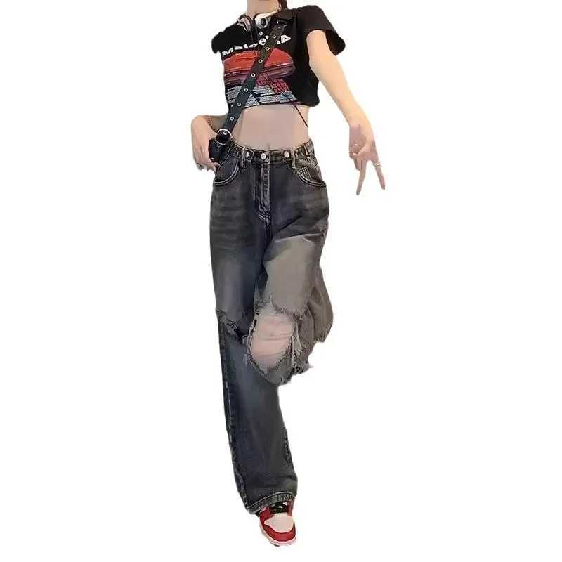 Retro American denim jeans womens ultra-thin high waist straight loose retro street fashion wide leg pantsT250319
