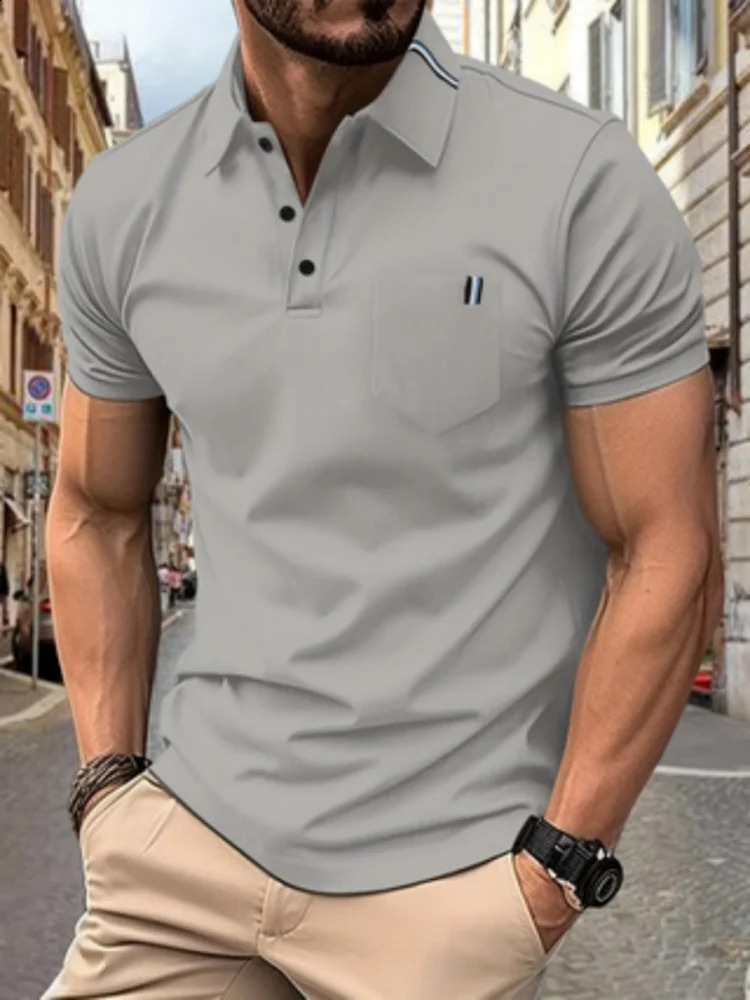 Solid color mens casual fashion lapel pocket ribbon decoration short-sleeved POLO shirt sports golf slim polo shirt 250319