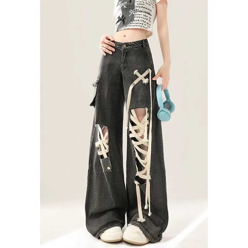 Womens jeans oversized hip-hop fashion retro streetwear Y2K wide leg jeans waist 2024 boyfriend Trouser pocket jeansT250319