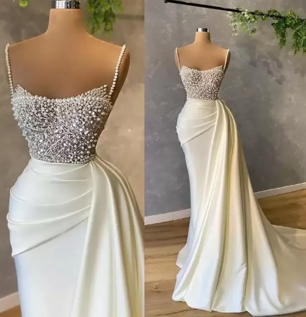 Evening Dresses Party Prom Gown Graduation Homecoming Cocktail Formal Trumpet Scoop Sleeveless Sweep Train Ivory White Pearls Pleat Plus Size Custom