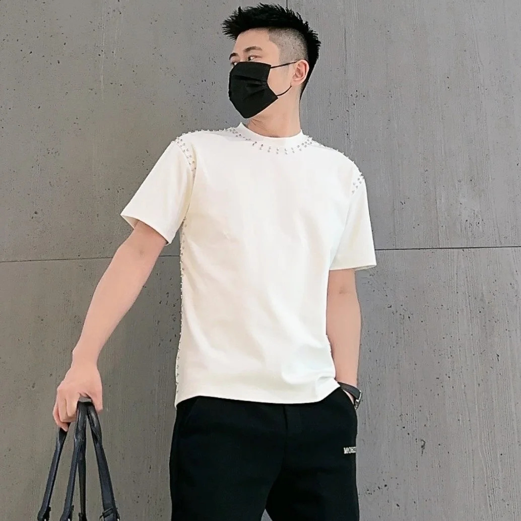 High-quality summer slim T-shirt Homme diamond rivet heavy industry social club suit T-shirt mens short-sleeved street men 250318 - view 5