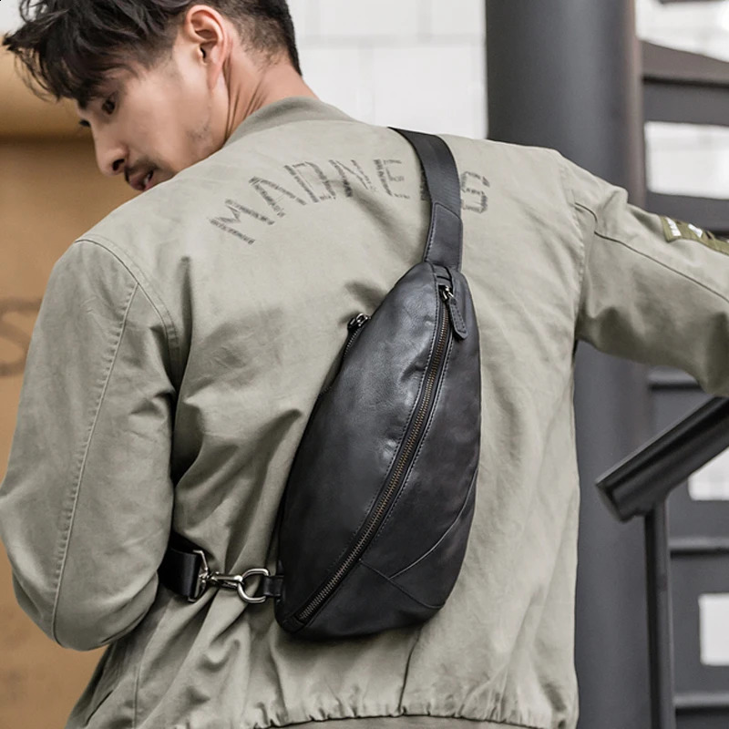 Fashion Genuine Leather Mens Chest Pack Shoulder Bag Messenger Sling Bag Small Leisure Bag Crossbody Black M129 250317