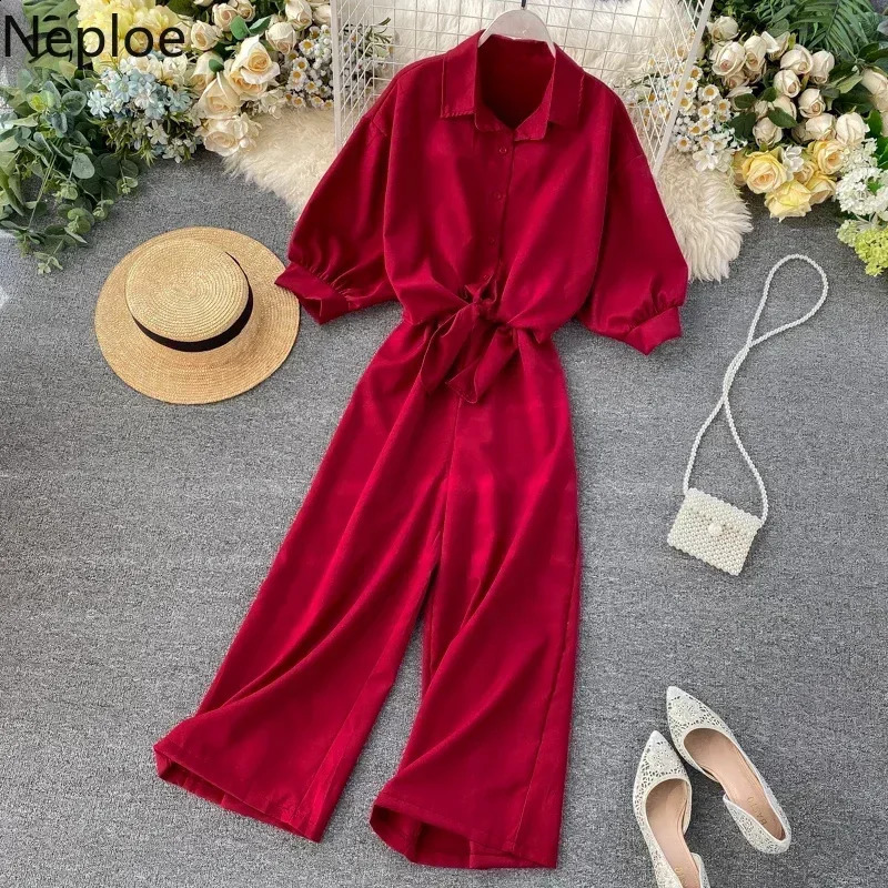 Neploe Summer Holiday 2 Pcs Women Set Sexy Slim Waist Pleat Wide Leg Jumpsuit Turn Down Collar Short Sleeve Shirt Suit 250319