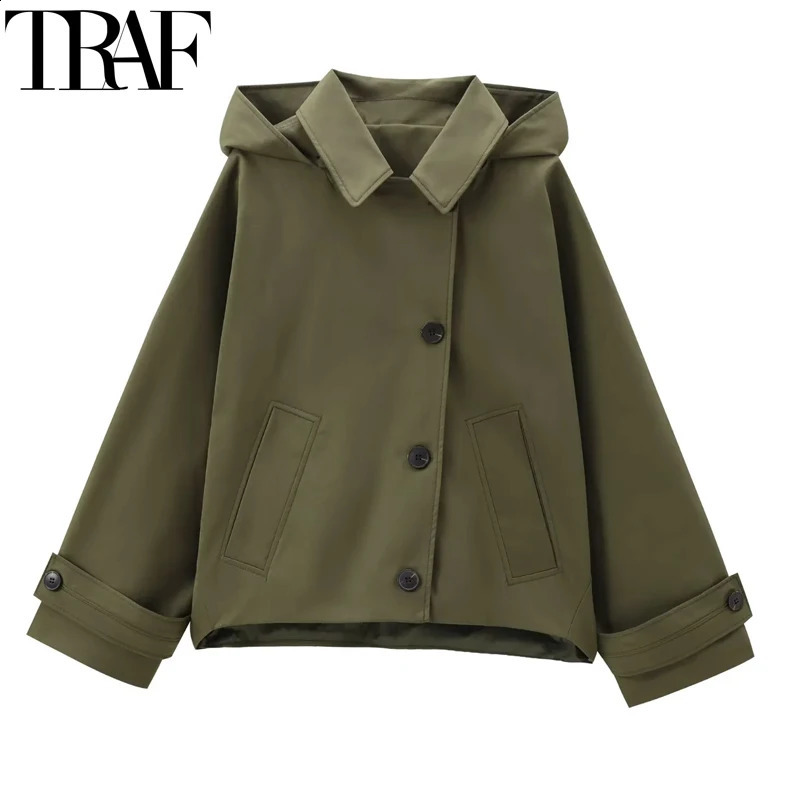 TRAF womens windproof jacket hood cropped solid trench coat autumn long sleeved half season casual 250317
