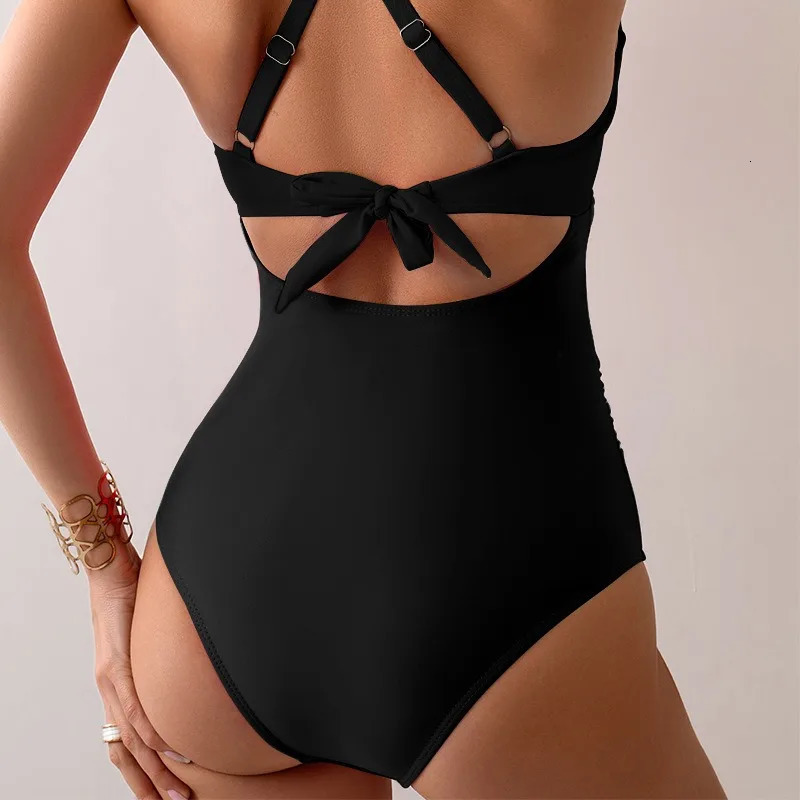 Sexy solid jumpsuit womens bikini set waist full naked swimsuit womens fashionable cross back swimsuit women 250318