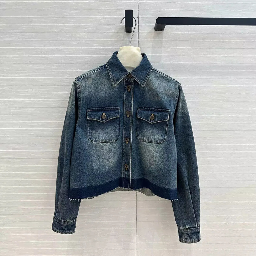 Spring and Autumn Fashion Laundry Blue Denim Jacket for Womens Street Clothing with a Collar Single Chest Pocket Short Sleeve n Retro 250317
