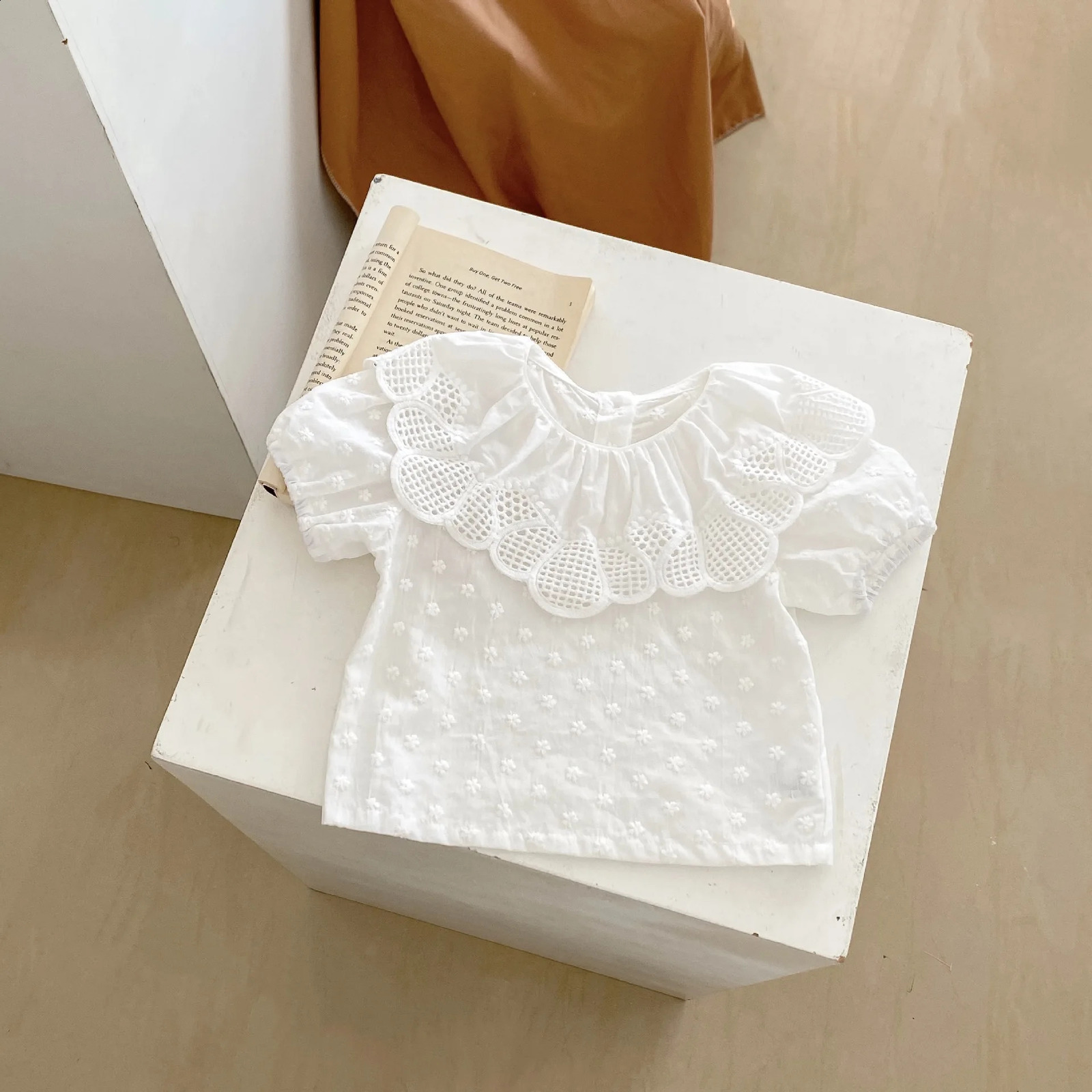 Summer Baby Girl Trend Sweet All Solid Color Large Lace Collar Embroidered Small Flower Bubble Short Sleeve Shirt Bottom 250319